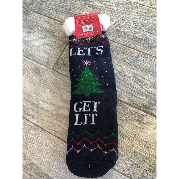 NWT Slipper Socks Let's Get Lit Christmas Trees Holiday Lu Mei Stocking Stuffer - Picture 6 of 7
